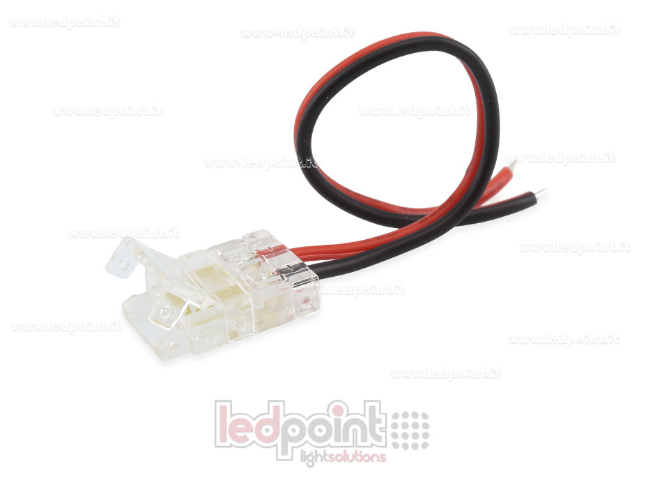 Conector transparente de 2 pines con cable de 10cm, para tiras LED de PCB de 10mm, versión reducida Conector transparente de 2 pines con cable de 10cm, para tiras LED de PCB de 10mm, versión reducida