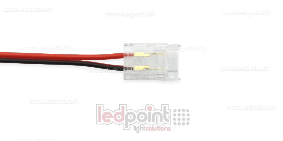 Conector transparente de 2 pines con cable de 10cm, para tiras LED de PCB de 10mm, versión reducida Conector transparente de 2 pines con cable de 10cm, para tiras LED de PCB de 10mm, versión reducida