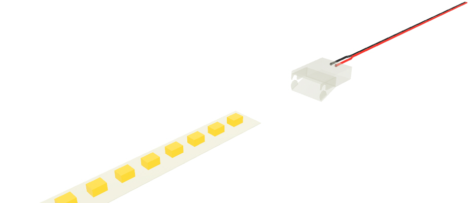 Conector transparente de 2 pines con cable de 10cm, para tiras LED de PCB de 10mm, versión reducida Conector transparente de 2 pines con cable de 10cm, para tiras LED de PCB de 10mm, versión reducida