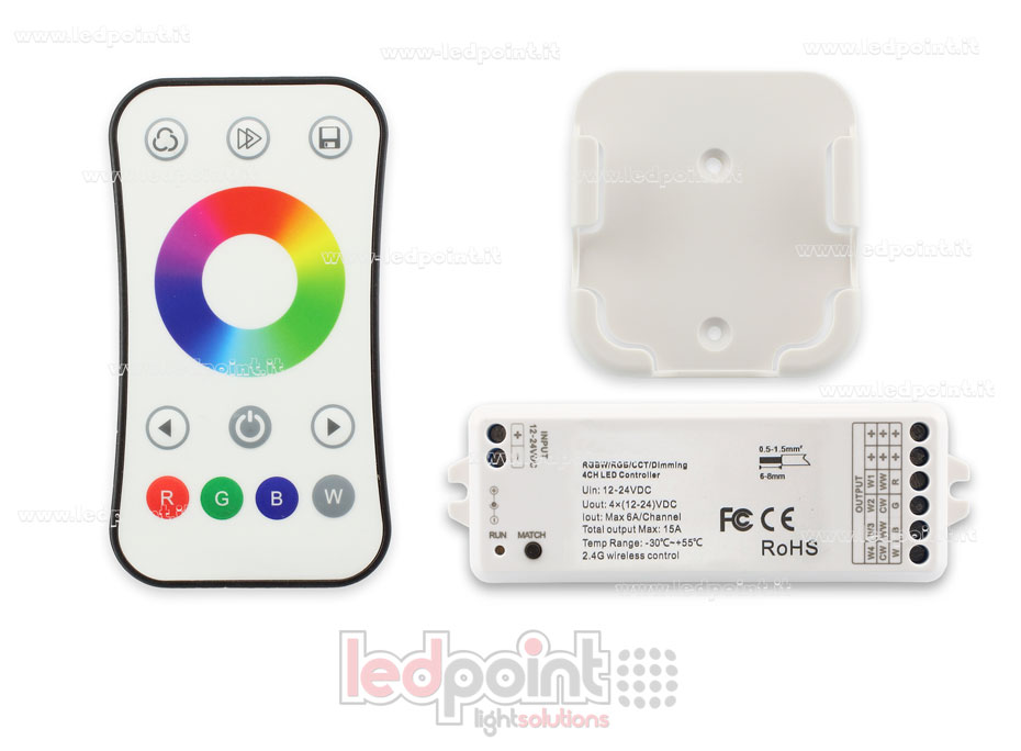 Kit mando + controlador RGBW 12/24V, 4ch*6A, Max 15A, RF 2.4G Kit mando + controlador RGBW 12/24V, 4ch*6A, Max 15A, RF 2.4G