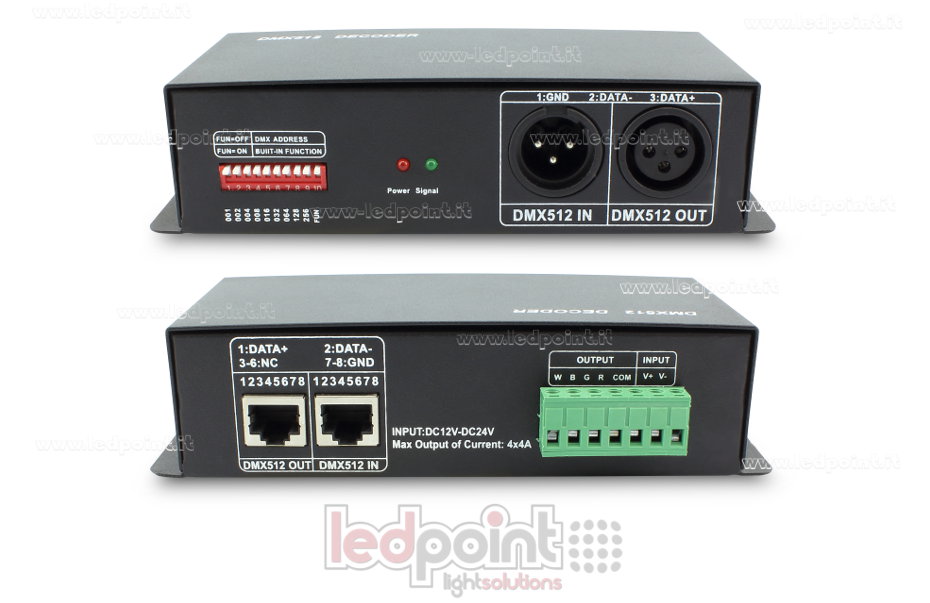 DMX 512 decoder, 4 canali da 4A l'uno, tensione 12-24V DC DMX512-4CH-16A24V DMX 512 decoder, 4 canali da 4A l'uno, tensione 12-24V DC DMX512-4CH-16A24V