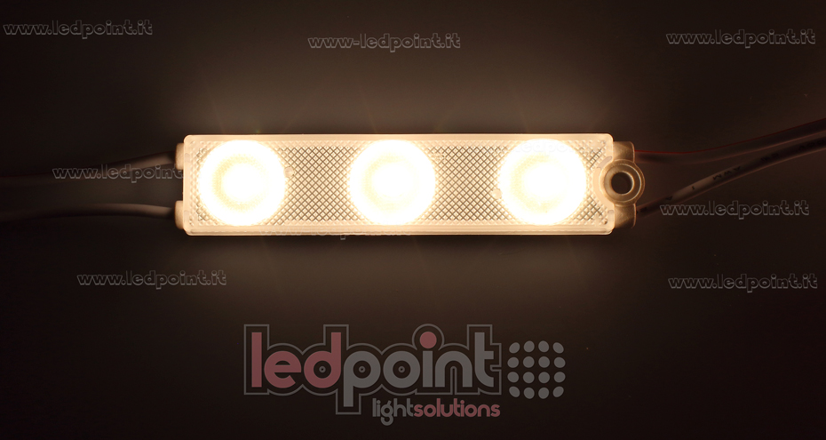 Módulo 3 led 2835, 1,08W 24V, blanco cálido 3000K, IP65 con lente 175° Módulo 3 led 2835, 1,08W 24V, blanco cálido 3000K, IP65 con lente 175°