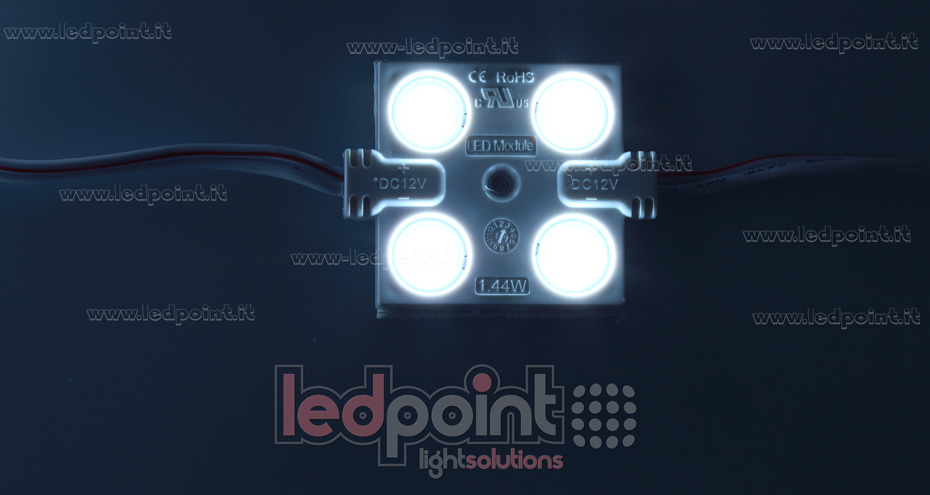 Módulo 4 led 2835, 1,44W 12V, blanco frío 6000-6500K, IP65 con lente 160° ModD-600-0481