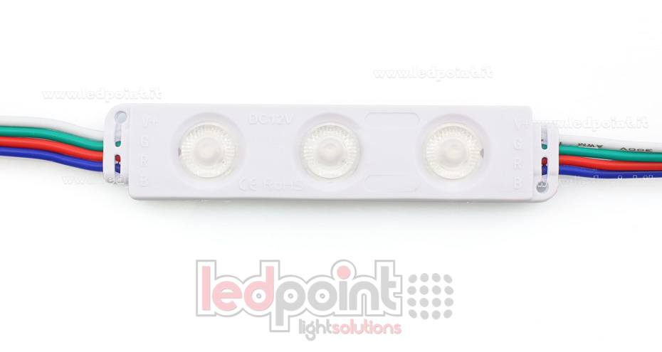 Módulo 3 led RGB 3528 12V 0,72W IP65 con lente 165° Módulo 3 led RGB 3528 12V 0,72W IP65 con lente 165°