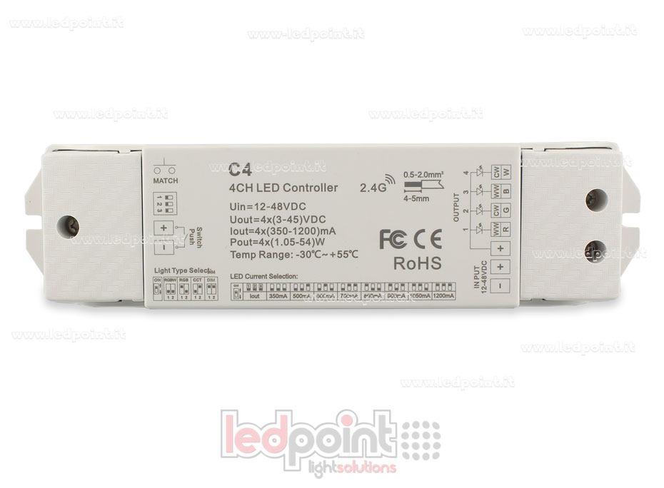 Receptor controlador monocromático, CCT, RGB y RGBW con interruptor 12/48V, 4ch*350-1200mA, corriente constante RF 2.4G 