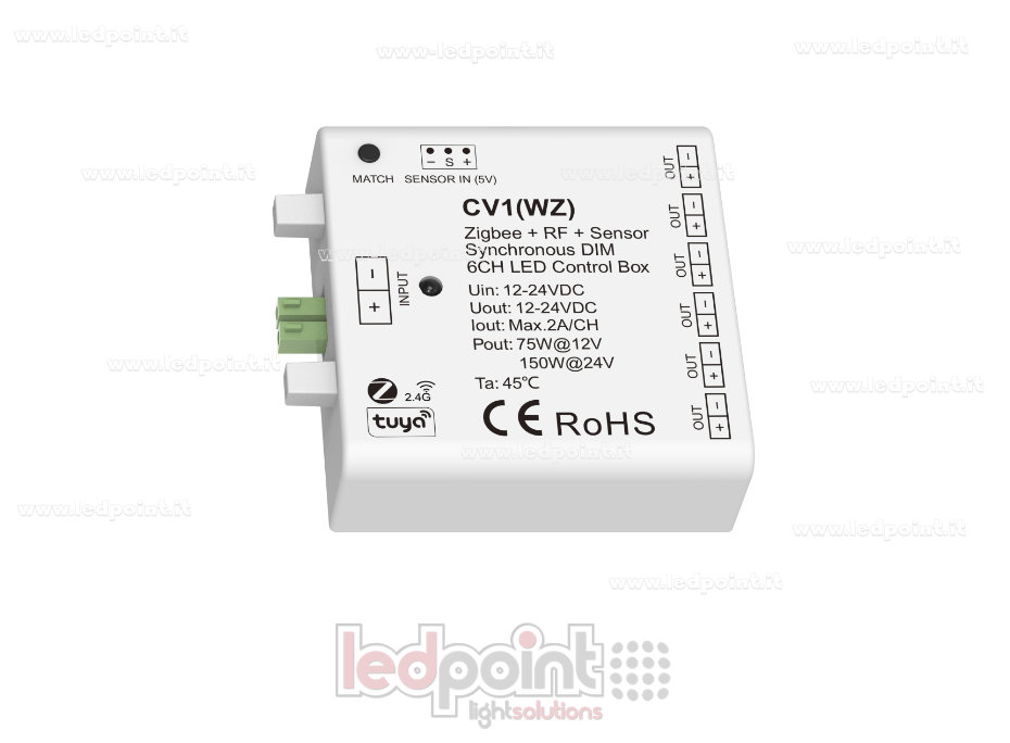 Interfaz de dimmer 6ch 75/150W 12V-24V, RF 2,4GHz y ZigBee con entrada de sensor