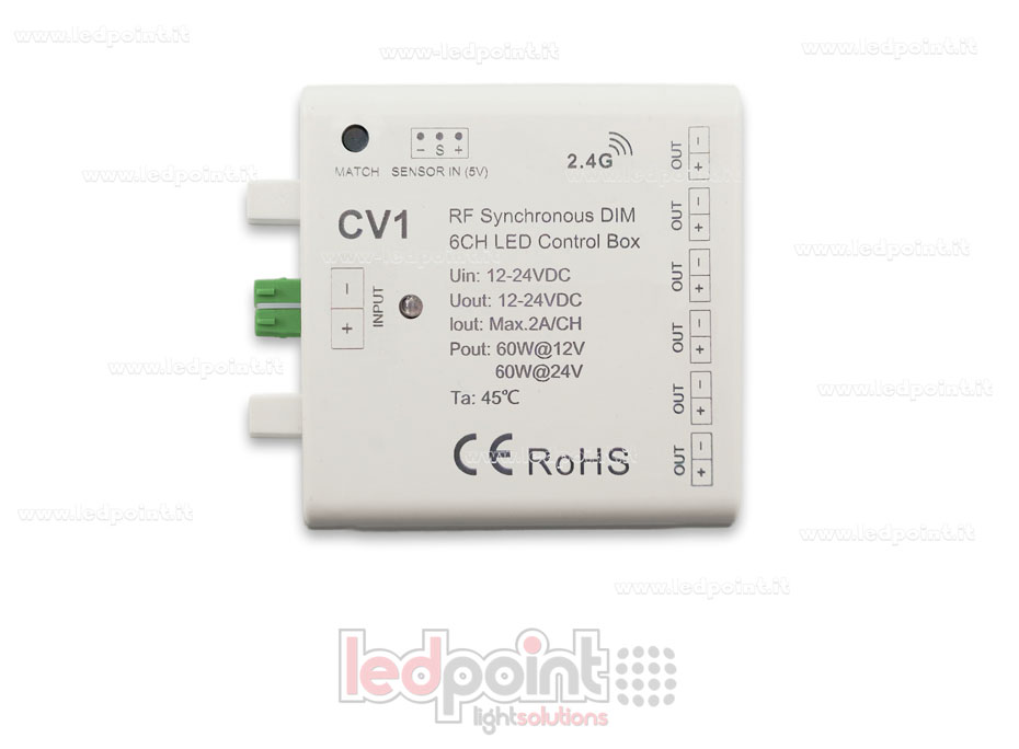 Interfaz dimmer 6ch 60W 12V-24V, RF 2.4GHz con entrada para sensor Interfaz dimmer 6ch 60W 12V-24V, RF 2.4GHz con entrada para sensor