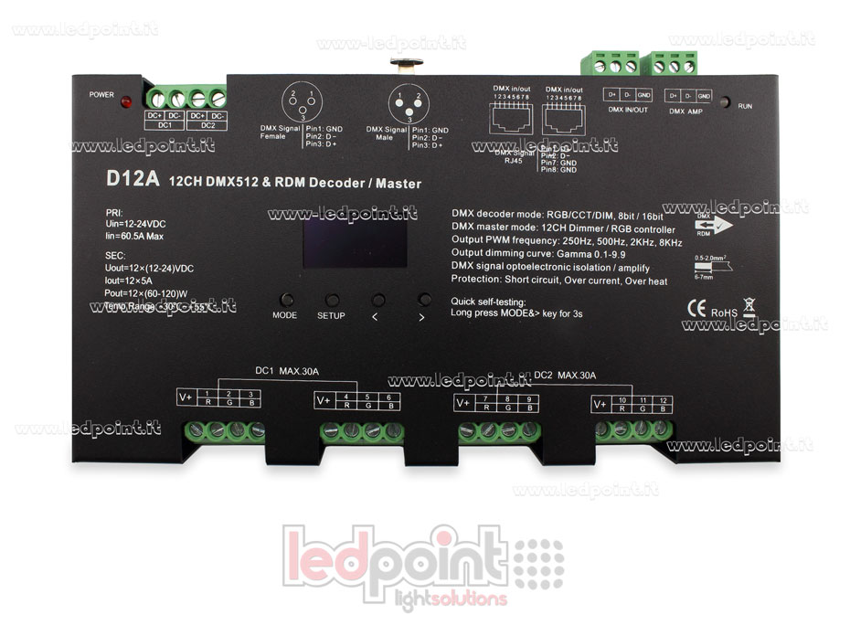 Descodificador DMX 512 con pantalla oled, 12 canales de 5A cada uno, voltaje 12-24V DC Descodificador DMX 512 con pantalla oled, 12 canales de 5A cada uno, voltaje 12-24V DC