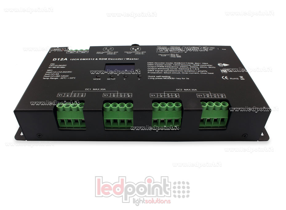 Descodificador DMX 512 con pantalla oled, 12 canales de 5A cada uno, voltaje 12-24V DC Descodificador DMX 512 con pantalla oled, 12 canales de 5A cada uno, voltaje 12-24V DC