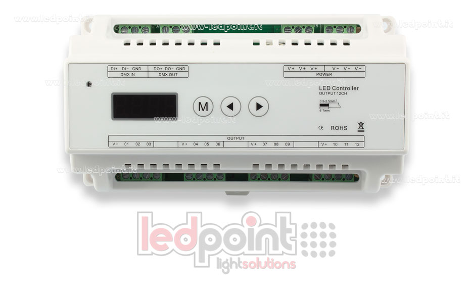 DMX 512 descodificador carril DIN, 12 canales de 5A cada uno, tensión 12-36V DC DMX 512 descodificador carril DIN, 12 canales de 5A cada uno, tensión 12-36V DC