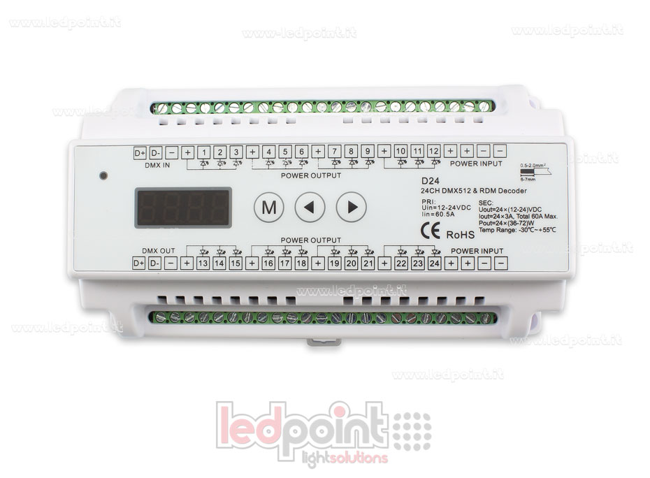 DMX 512 descodificador carril DIN, 24 canales de 3A cada uno, tensión 12-24V DC DMX 512 descodificador carril DIN, 24 canales de 3A cada uno, tensión 12-24V DC