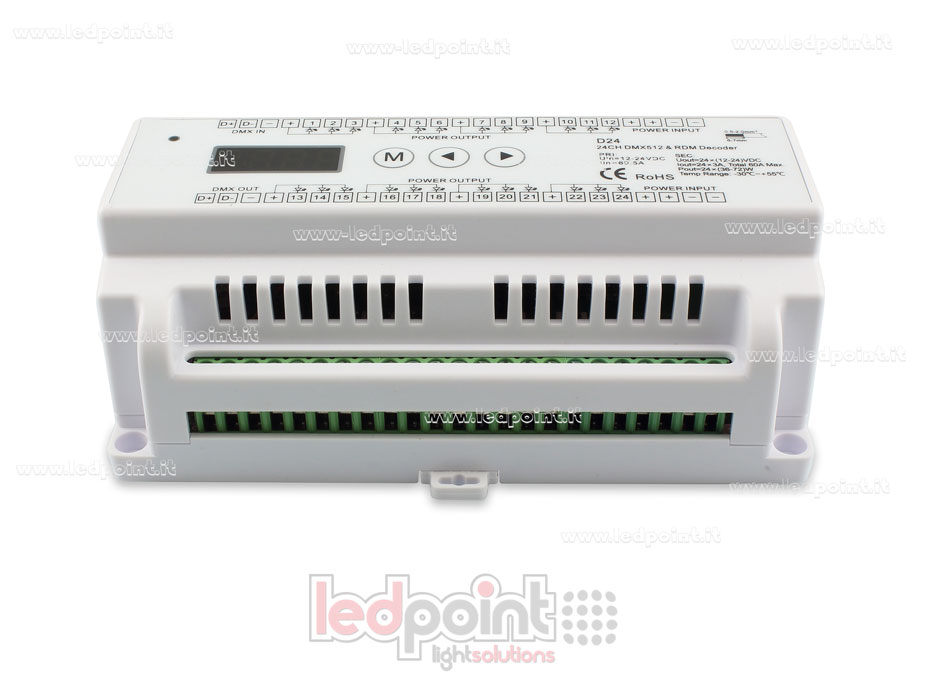 DMX 512 descodificador carril DIN, 24 canales de 3A cada uno, tensión 12-24V DC DMX 512 descodificador carril DIN, 24 canales de 3A cada uno, tensión 12-24V DC