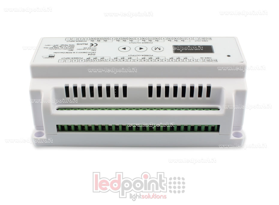 DMX 512 descodificador carril DIN, 24 canales de 3A cada uno, tensión 12-24V DC DMX 512 descodificador carril DIN, 24 canales de 3A cada uno, tensión 12-24V DC