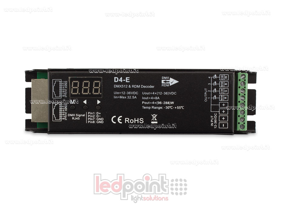 DMX 512 & RDM descodificador carril, 4 canales de 8A cada uno, tensión 12-36V DC, puerto RJ45 DMX 512 & RDM descodificador carril, 4 canales de 8A cada uno, tensión 12-36V DC, puerto RJ45