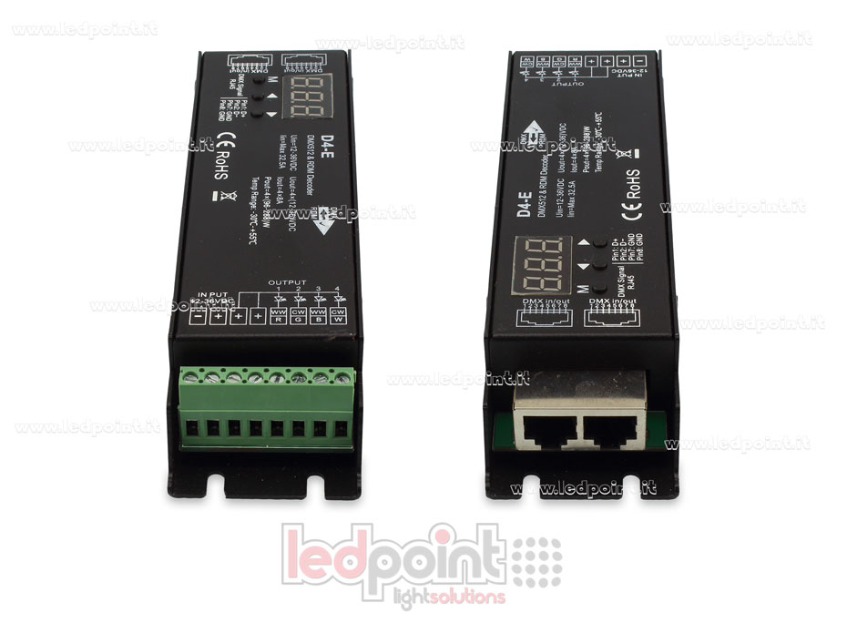 DMX 512 & RDM descodificador carril, 4 canales de 8A cada uno, tensión 12-36V DC, puerto RJ45 DMX 512 & RDM descodificador carril, 4 canales de 8A cada uno, tensión 12-36V DC, puerto RJ45