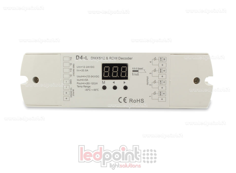 DMX 512 descodificador , 4 canales de 5A cada uno, tensión 12-24V DC DMX 512 descodificador , 4 canales de 5A cada uno, tensión 12-24V DC