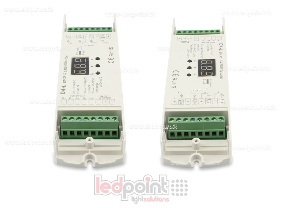 DMX 512 descodificador , 4 canales de 5A cada uno, tensión 12-24V DC DMX 512 descodificador , 4 canales de 5A cada uno, tensión 12-24V DC