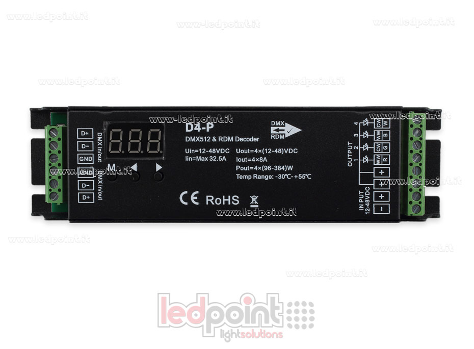 DMX 512 & RDM descodificador carril, 4 canales de 8A cada uno, tensión 12-48V DC DMX 512 & RDM descodificador carril, 4 canales de 8A cada uno, tensión 12-48V DC