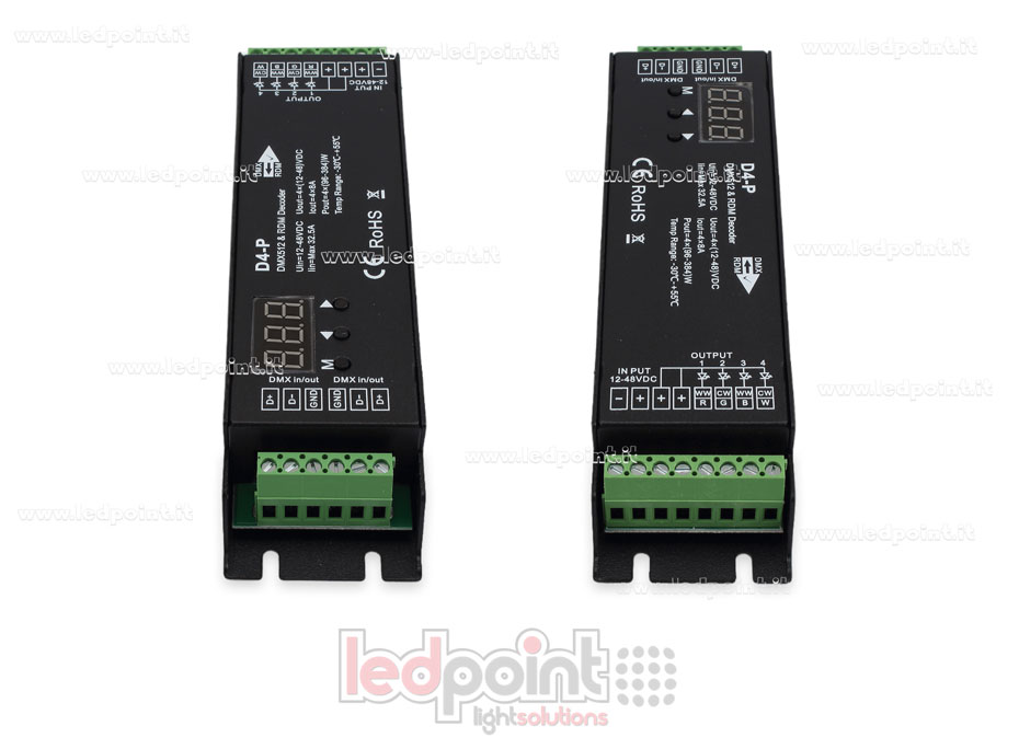 DMX 512 & RDM descodificador carril, 4 canales de 8A cada uno, tensión 12-48V DC DMX 512 & RDM descodificador carril, 4 canales de 8A cada uno, tensión 12-48V DC
