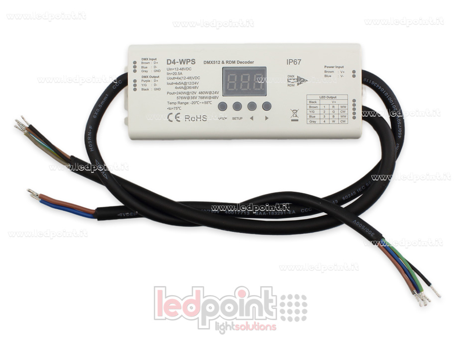 DMX 512 descodificador IP67 a prueba de agua, 4 canales de 5A cada uno, tensión 12-36V DC DMX 512 descodificador IP67 a prueba de agua, 4 canales de 5A cada uno, tensión 12-36V DC