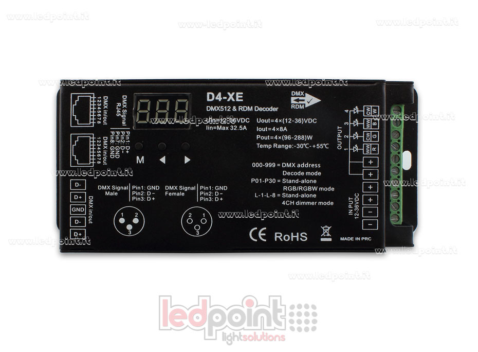 DMX 512 & RDM descodificador carril, 4 canales de 8A cada uno, tensión 12-36V DC, XLR3 e RJ45 DMX 512 & RDM descodificador carril, 4 canales de 8A cada uno, tensión 12-36V DC, XLR3 e RJ45