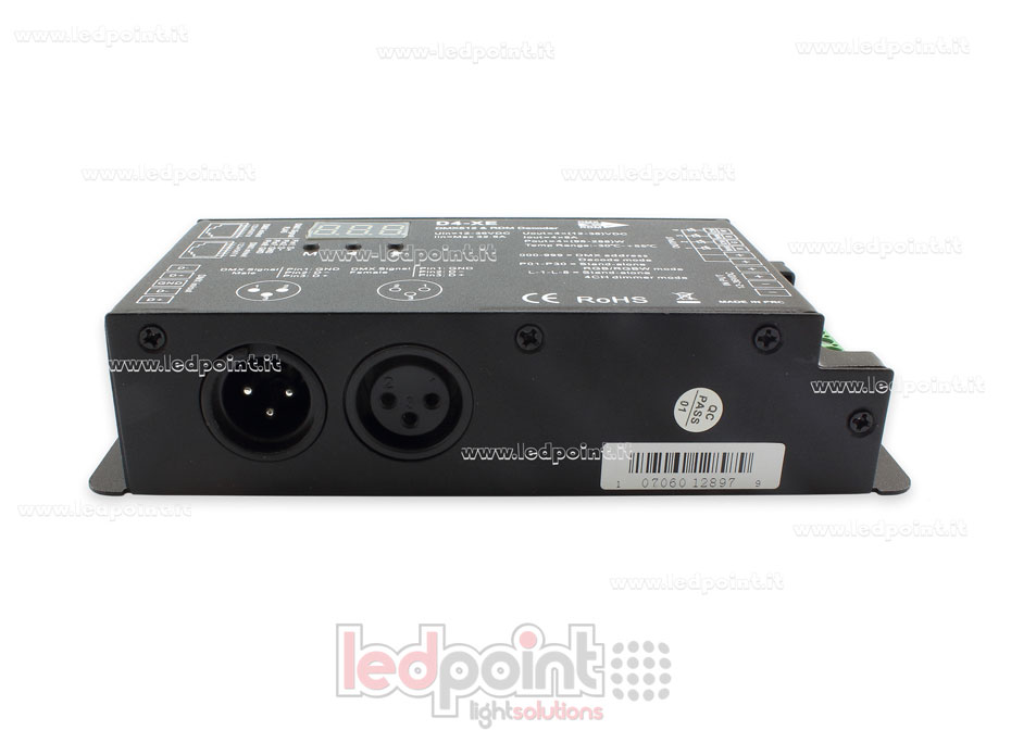 DMX 512 & RDM descodificador carril, 4 canales de 8A cada uno, tensión 12-36V DC, XLR3 e RJ45 DMX 512 & RDM descodificador carril, 4 canales de 8A cada uno, tensión 12-36V DC, XLR3 e RJ45