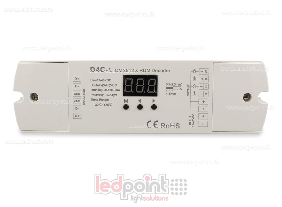 DMX 512 descodificador, corriente constante 4 canales de 350-1200mA cada uno, tensión 12-48V DC