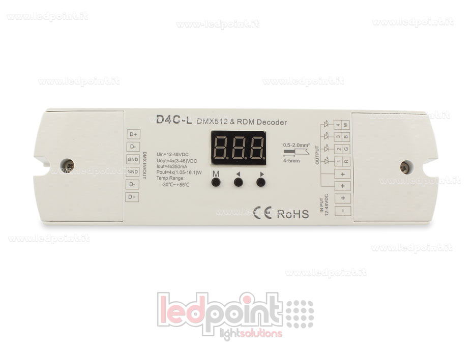 DMX 512 descodificador, corriente constante 4 canales de 150-500mA cada uno, tensión 12-48V DC DMX 512 descodificador, corriente constante 4 canales de 150-500mA cada uno, tensión 12-48V DC