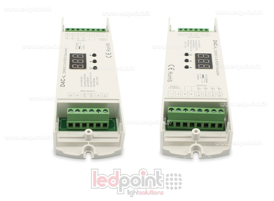 DMX 512 descodificador, corriente constante 4 canales de 150-500mA cada uno, tensión 12-48V DC DMX 512 descodificador, corriente constante 4 canales de 150-500mA cada uno, tensión 12-48V DC