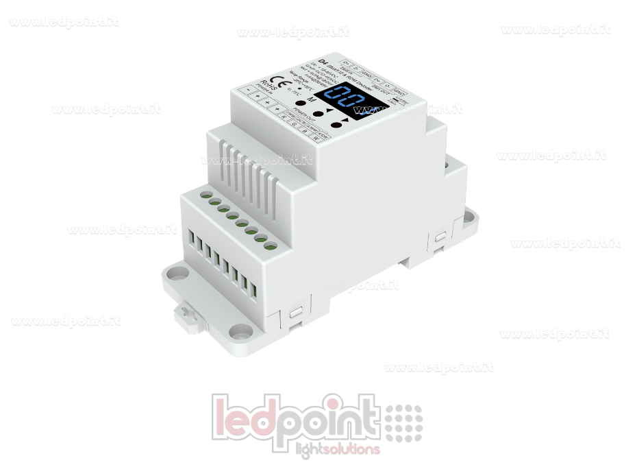 DMX 512 descodificador carril DIN, 4 canales de 5A cada uno, tensión 12-24V DC DMX 512 descodificador carril DIN, 4 canales de 5A cada uno, tensión 12-24V DC