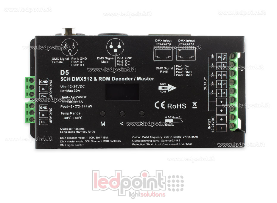 DMX 512 & RDM descodificador carril, 5 canales de 6A cada uno, tensión 12-24V DC, XLR3 e RJ45 DMX 512 & RDM descodificador carril, 5 canales de 6A cada uno, tensión 12-24V DC, XLR3 e RJ45