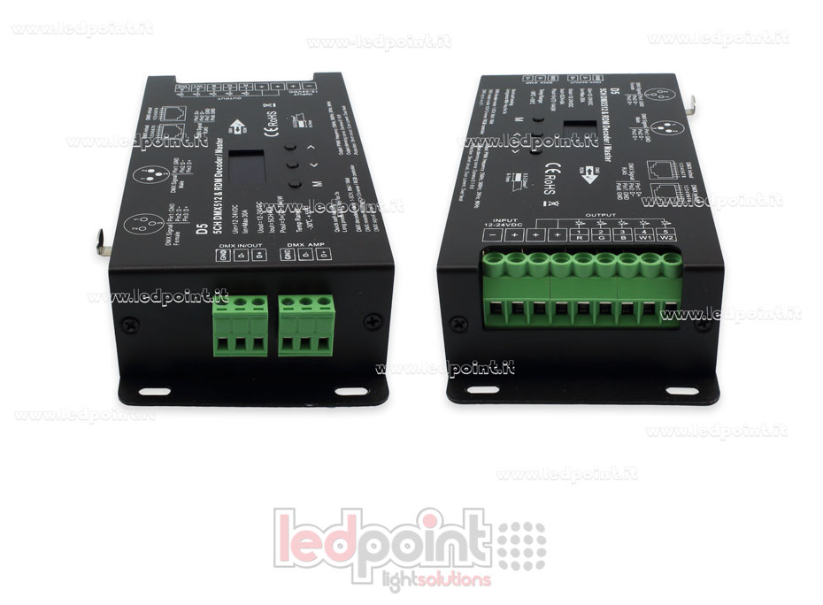 DMX 512 & RDM descodificador carril, 5 canales de 6A cada uno, tensión 12-24V DC, XLR3 e RJ45 DMX 512 & RDM descodificador carril, 5 canales de 6A cada uno, tensión 12-24V DC, XLR3 e RJ45