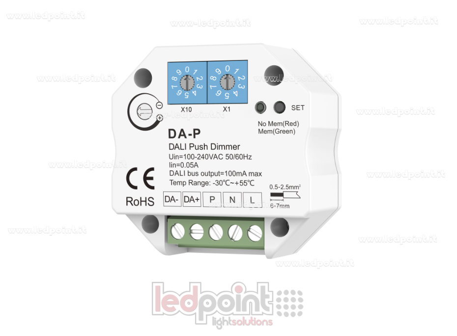 Receptor regulador push DALI de 1 canal, 100-240VCA, para caja de derivación de pared