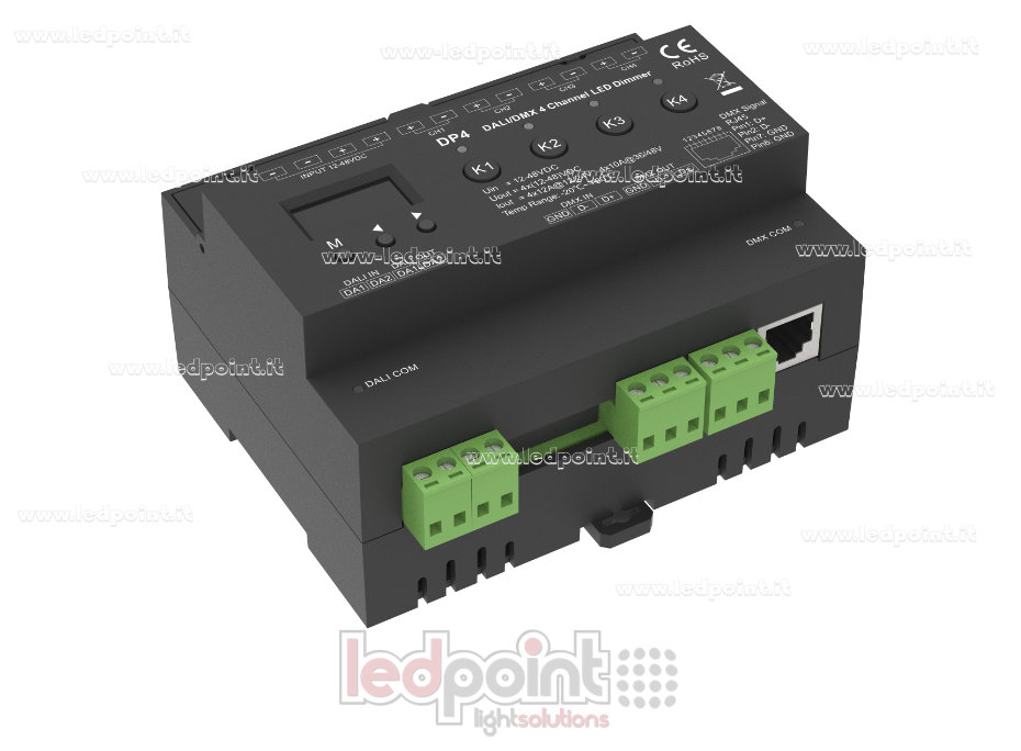 Regulador DALI/DMX, 4CH×12A, 12–48VDC, tres funciones de regulación diferentes: DALI, DMX y manual