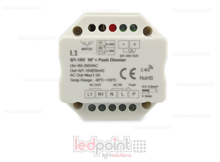 Receptor dimmer monocromático 1 canal 0/1-10V, interruptor AC, RF 2,4G para caja de conexiones de pared Receptor dimmer monocromático 1 canal 0/1-10V, interruptor AC, RF 2,4G para caja de conexiones de pared