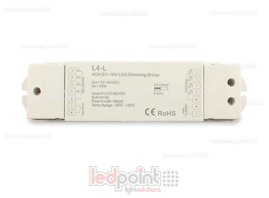 Dimmer monocromático de 0/1-10V y push dim, 4 canales de salida Dimmer monocromático de 0/1-10V y push dim, 4 canales de salida