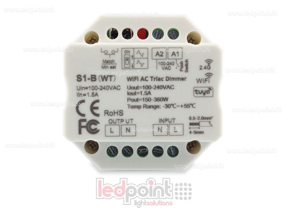 Controlador monocromático triac 100/230V, push dim AC, WiFi, RF 2.4G para caja de conexiones de pared Controlador monocromático triac 100/230V, push dim AC, WiFi, RF 2.4G para caja de conexiones de pared