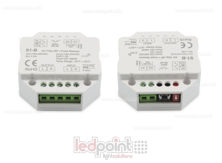 Controlador monocromático triac 100/230V, push dim AC, RF 2.4G para caja de conexiones de pared Controlador monocromático triac 100/230V, push dim AC, RF 2.4G para caja de conexiones de pared