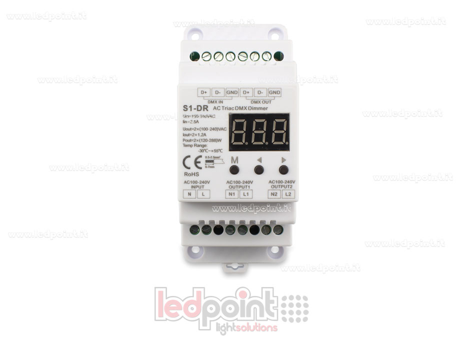 Triac DMX 512 descodificador carril DIN, 2 canales de 1.2A cada uno Triac DMX 512 descodificador carril DIN, 2 canales de 1.2A cada uno