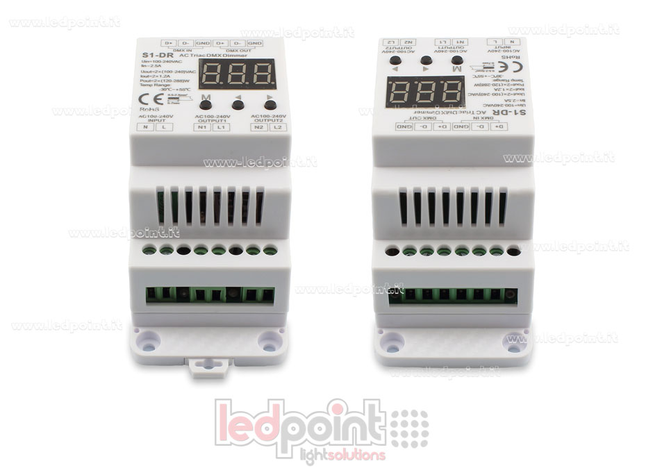 Triac DMX 512 descodificador carril DIN, 2 canales de 1.2A cada uno Triac DMX 512 descodificador carril DIN, 2 canales de 1.2A cada uno
