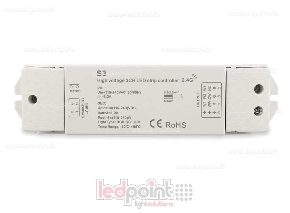 Controlador de tira led 110-240 VDC, CCT/RGB, 3 canales de 1A cada uno, RF 2.4G Controlador de tira led 110-240 VDC, CCT/RGB, 3 canales de 1A cada uno, RF 2.4G