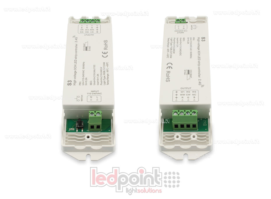 Controlador de tira led 110-240 VDC, CCT/RGB, 3 canales de 1A cada uno, RF 2.4G Controlador de tira led 110-240 VDC, CCT/RGB, 3 canales de 1A cada uno, RF 2.4G