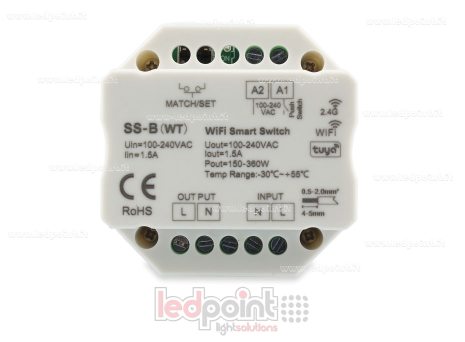 Controlador monocromático 100-240VAC, on/off, no dimerizable, 1.5A push switch, WiFi, RF 2.4G para caja de conexiones de pared Controlador monocromático 100-240VAC, on/off, no dimerizable, 1.5A push switch, WiFi, RF 2.4G para caja de conexiones de pared
