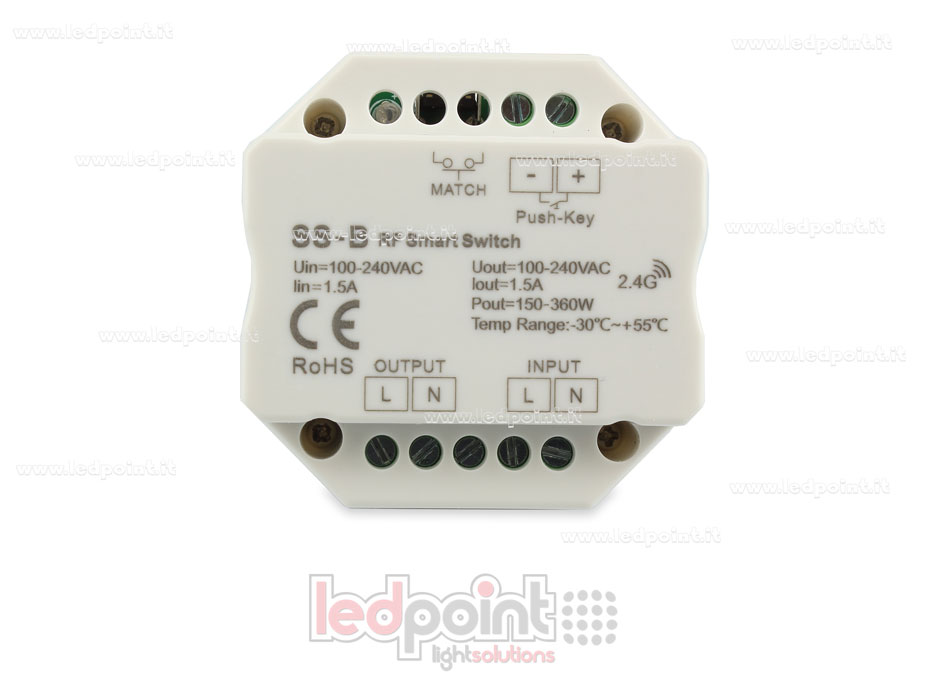 Controlador monocromático 100-240VAC, on/off, no dimerizable, 1.5A, push switch, RF 2.4G para caja de conexiones de pared
