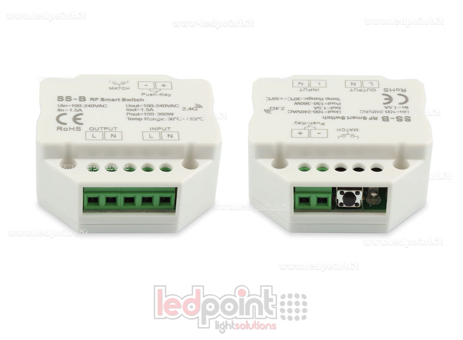 Controlador monocromático 100-240VAC, on/off, no dimerizable, 1.5A, push switch, RF 2.4G para caja de conexiones de pared