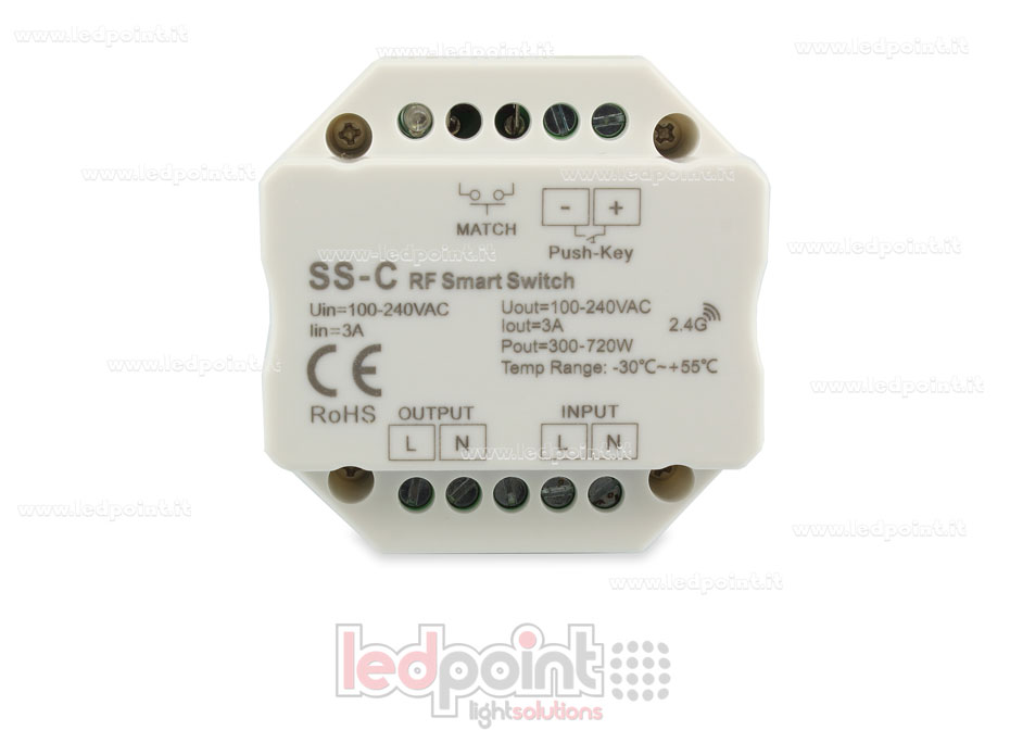 Controlador monocromático 100-240VAC, on/off, no dimerizable, 3A, push dim, RF 2.4G para caje de conexiones de pared Controlador monocromático 100-240VAC, on/off, no dimerizable, 3A, push dim, RF 2.4G para caje de conexiones de pared