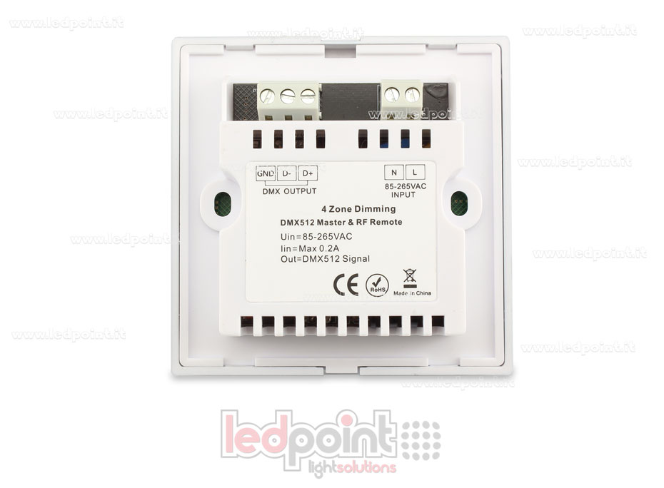 Master DMX y mando para pared 86x86mm monocromático 4 zonas 3 escenas RF2.4G Master DMX y mando para pared 86x86mm monocromático 4 zonas 3 escenas RF2.4G