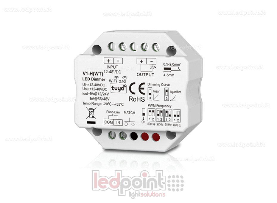 Receptor dimmer WiFi & RF para caja de derivación de pared, monocromático con botón, 1CH6A/9A, 12-48VDC, RF 2,4G
