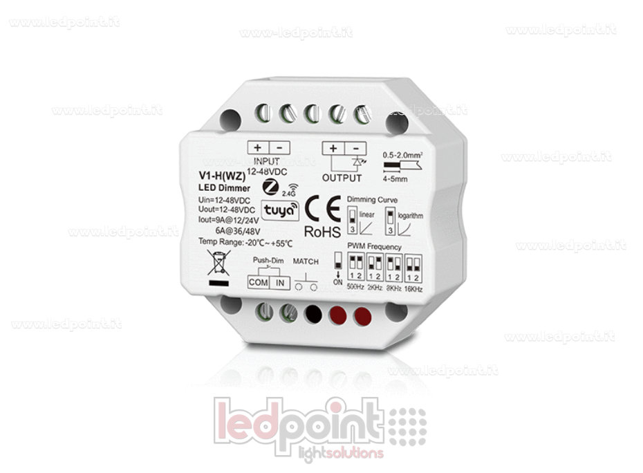 Receptor dimmer Zigbee & RF para caja de derivación de pared, monocromático con botón, 1CH6A/9A, 12-48VDC, RF 2,4G
