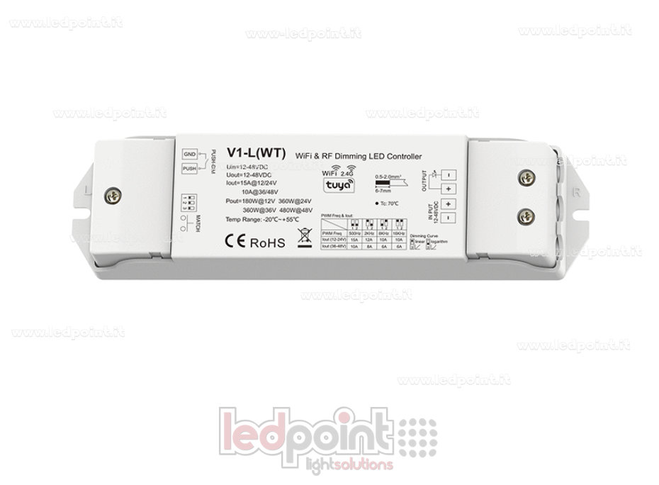 Receptor regulador monocromático con botón, Wi-Fi y RF, 1 canal * 15 A, 12/24 V, o 1 canal * 10 A, 36/48 V, RF 2,4 GHz